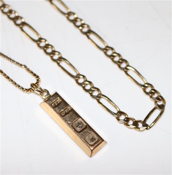 9ct gold multi-link bracelet and a 9ct gold ingot pendant on fine chain